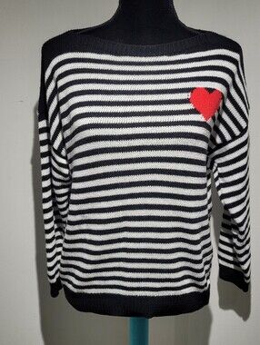 Via Vitale Women's Boat Neck Black & White Striped Heart Sweater Small Parisian